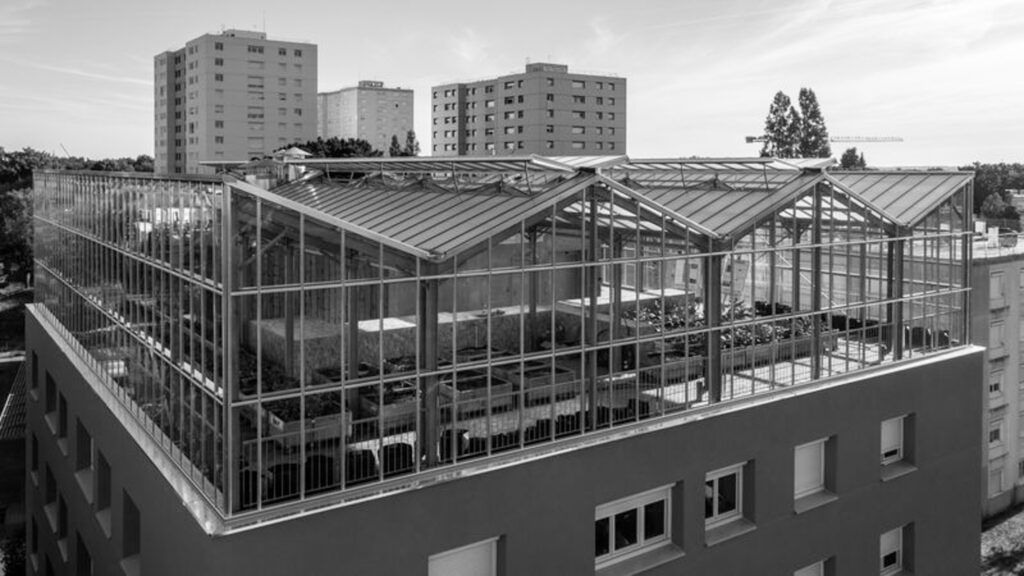 photo du programme symbiose, une serre sur un collectif d'habitation, habitat social. Une expérimentation à l'échelle 1 sur l'espace public avec Nantes City Lab