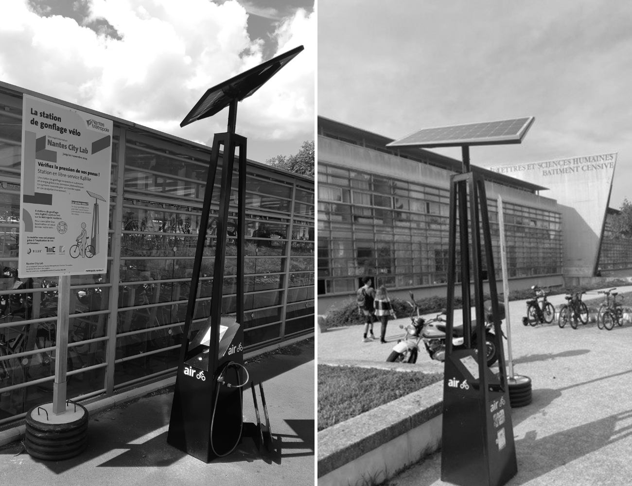 Photo des services de gonflage R4BIKE. Un mobilier urbain autonome en énergie servant aux cyclistes pour regonfler leurs pneus-nantes citylab Nantes metropole